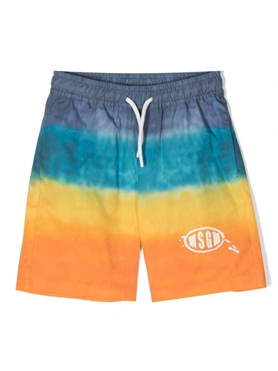 Msgm Kids' Tie-dye Cotton Shorts In Blue