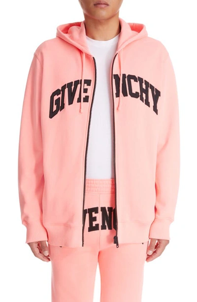 Givenchy Logo-embroidered Cotton-jersey Zip-up Hoodie In Coral