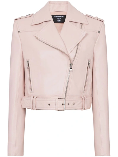 Balmain Short-leather-biker-jacket In Rosa
