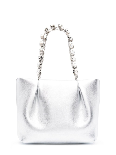 Aquazzura Galactic Mini Crystal-embellished Metallic Leather Tote In Silver