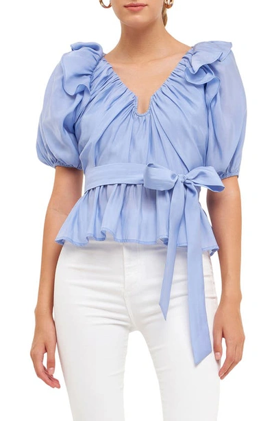 Endless Rose Ruffle Puff Sleeve Top In Powder Blue