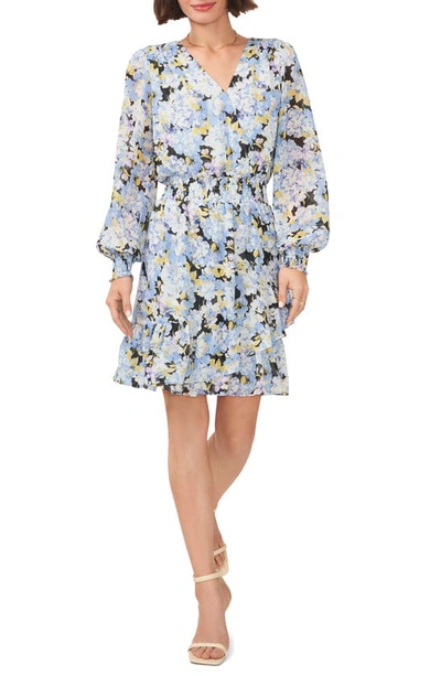 Vince Camuto Floral Print Smocked Waist Long Sleeve Dress In Sea Breeze