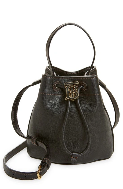 Burberry Large Monogram Leather Drawstring Bucket Bag In Black