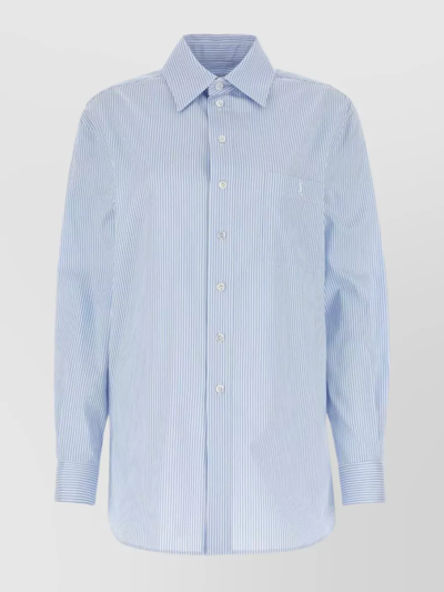 Saint Laurent Embroidered Striped Cotton-poplin Shirt In White,light Blue