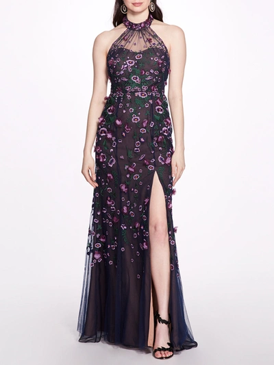 Marchesa 3d Floral Appliqué Halter Gown In Navy