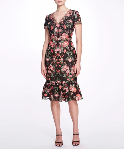 Marchesa Embroidered Guipure V-neck Cocktail In Black/red