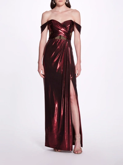 Marchesa Metallic Cutout Off Shoulder Gown In Red