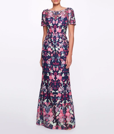 Marchesa Short Sleeve Embroidered Tulle Gown In Navy Multi