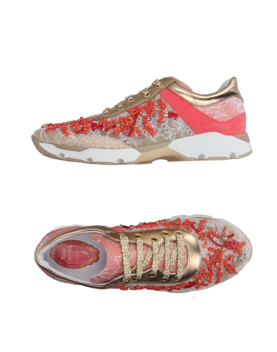 René Caovilla Rene' Caovilla Woman Embellished Leather And Lace Sneakers Gold In Coral