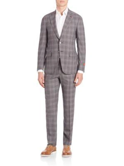 Isaia Plaid Two-button Wool Suit In Dark Grey