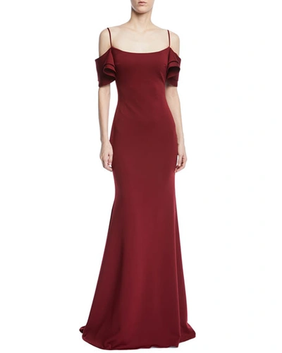 Jovani Trumpet Gown W/ V-back Ruffle Overlay In Dark Red