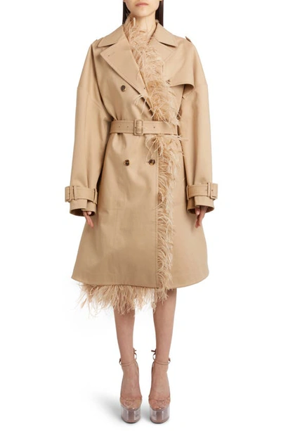 Valentino Belted Trench Coat With Feather Detail In Beige