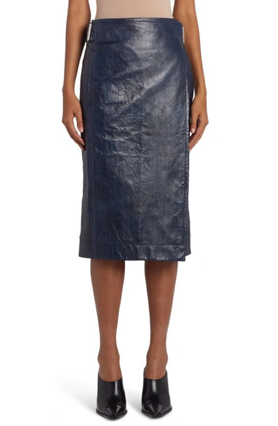 Bottega Veneta Embossed Eel Nappa Leather Midi Skirt In Blu