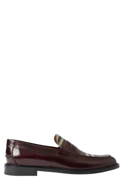 Burberry Check Panel Leather Penny Loafers In Bordeaux