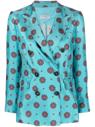 Alberto Biani Double-breasted Silk Jacket With Graphic Pattern In Azzurro