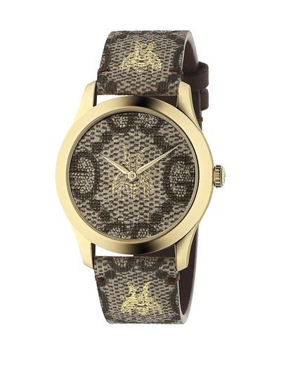 Gucci Embroidered Bee Goldtone Stainless Steel And Leather Strap Watch In Gray/multi