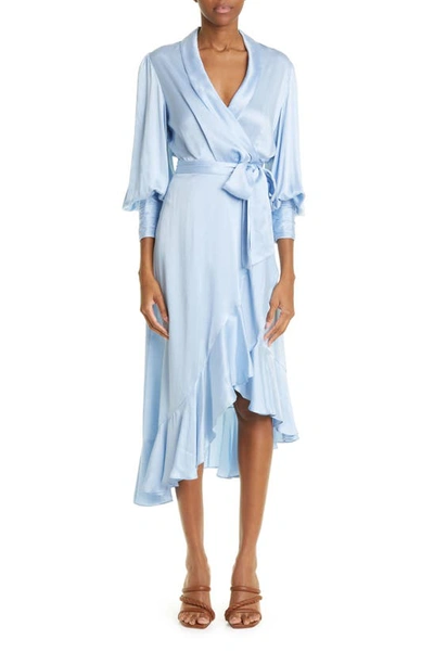 Zimmermann Long Sleeve Silk Wrap Dress In Blue