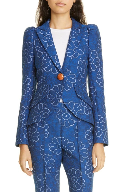 Smythe Abstract Floral Puff Sleeve Blazer In Patterned Blue