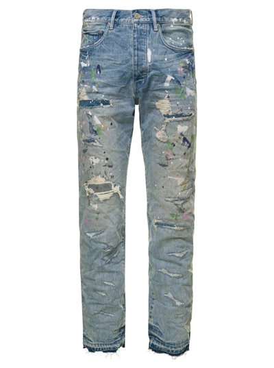 Purple Brand Light Blue Wrinkled Jeans With Rips And Paint Stains In Cotton Denim Man