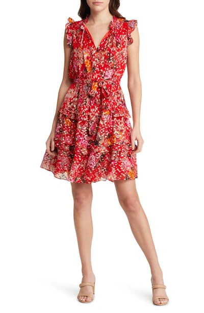 Kobi Halperin Brook Metallic Tie Waist Tiered Silk Blend Dress In Flame Orange Multi