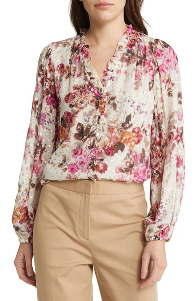 Kobi Halperin Fia Floral Print Metallic Silk Blend Blouse In White