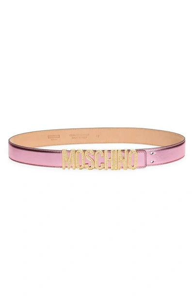 Moschino Crystal Logo Leather Belt In Fantasy Print Pink