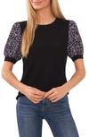 Cece Floral Sleeve Mixed Media Knit Top In Rich Black
