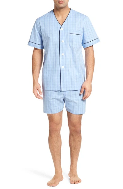Majestic Cotton Short Pyjamas In Light Blue Check