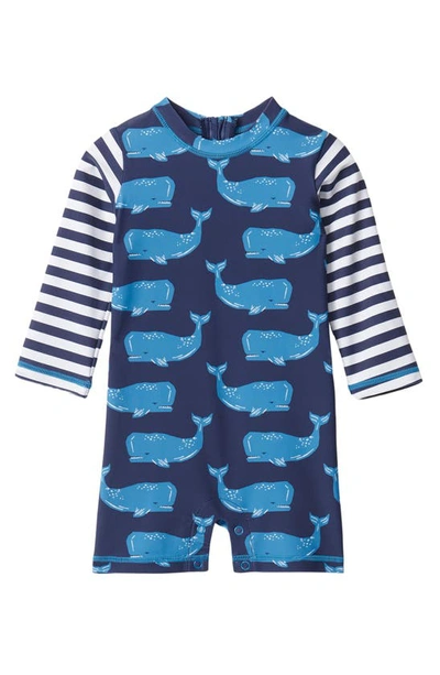 Hatley Babies' Kids' Block Whales Rashguard One-piece Swimsuit In Patriot Blue