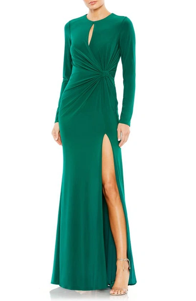 Mac Duggal Women's Ieena Long Sleeve Keyhole Draped Gown In Emerald