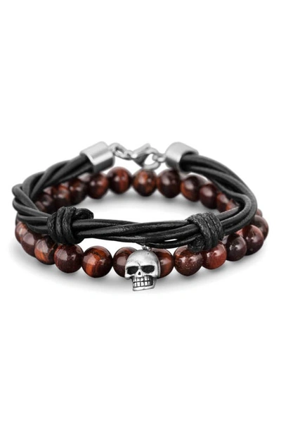 Nes Jewelry Stainless Steel & Faux Leather Skull Beaded Bracelet In Brown/ Black