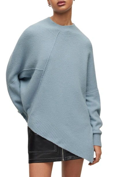 Allsaints Lock Asymmetric Hem Crewneck Sweater In Slate Blue