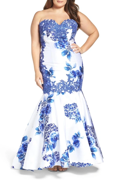 Mac Duggal Embellished Strapless Zip Off Mermaid Gown In Blue Floral