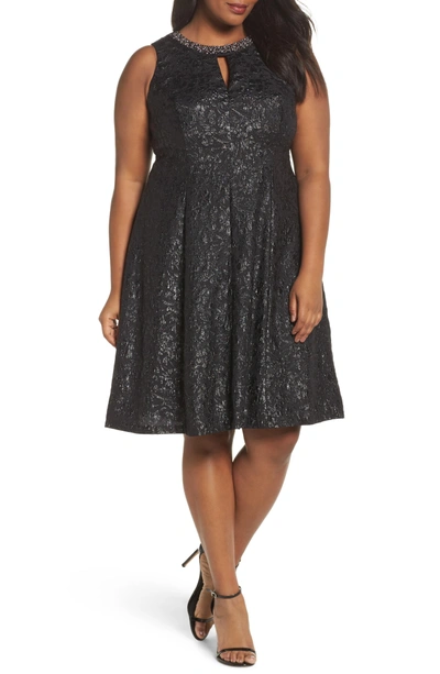 London Times Beaded Neck Fit & Flare Dress In Black