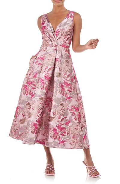 Kay Unger Poppy Metallic Floral A-line Dress In Pink