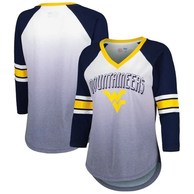 G-iii 4her By Carl Banks White/navy West Virginia Mountaineers Lead Off Ombre Raglan 3/4-sleeve V-ne In White,navy