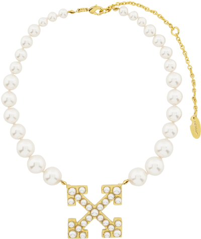 Off-white Pearl-detail Arrow-motif Necklace In Gold