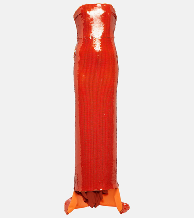 Laquan Smith Sequin-embellished Strapless Column Gown In Orange
