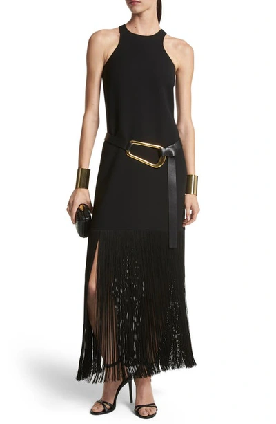 Michael Kors Cut-in Halter Maxi Dress With Fringe Trim In Black | ModeSens