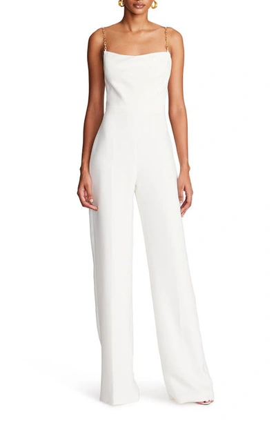 Halston Brea Ruched Chain-strap Crepe Jumpsuit In Chalk