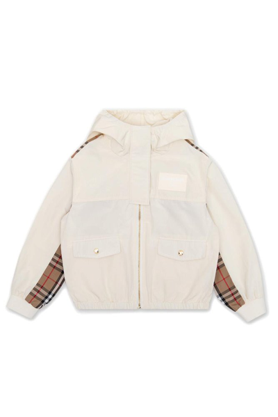 Burberry Kids'  Childrens Check Panel Cotton Blend Hooded Jacket In Pale Cream