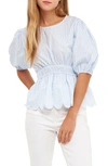 English Factory Stripe Puff Sleeve Peplum Top In Blue Stripes