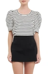 English Factory Stripe Pleated Puff Sleeve T-shirt In White/ Black