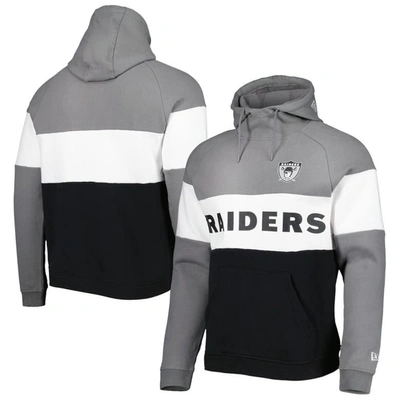 New Era Men's  Black And Silver Las Vegas Raiders Colorblock Throwback Pullover Hoodie In Black,silver