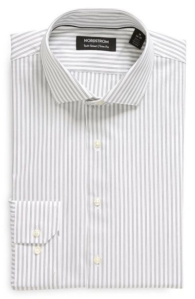 Nordstrom Trim Fit Stripe Non-iron Dress Shirt In White Black Thin Double Stripe