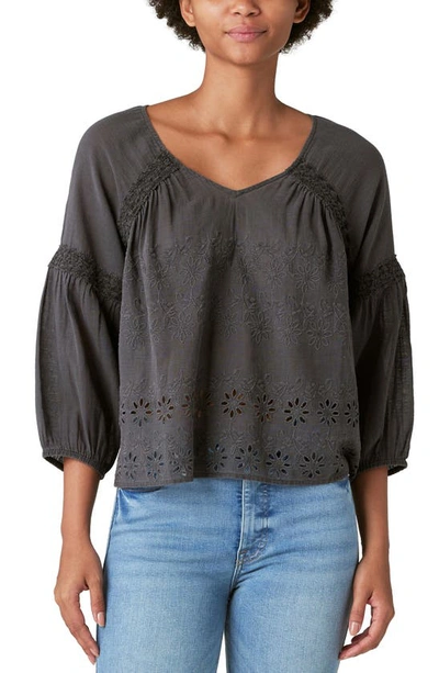 Lucky Brand Embroidered Eyelet Peasant Top In Black