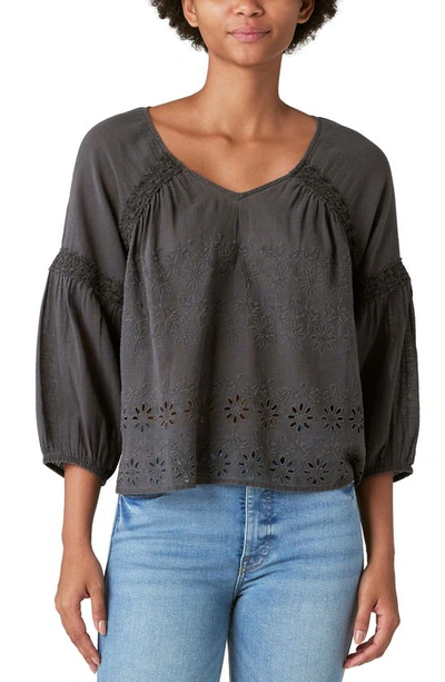 Lucky Brand Embroidered Eyelet Peasant Top In Raven