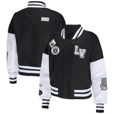 Wear By Erin Andrews Women's  Black, White Las Vegas Raiders Full-zip Varsity Jacket In Black,white