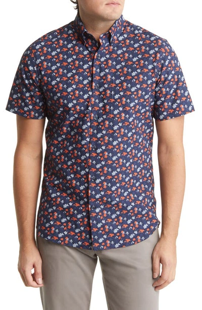 Nordstrom Tech-smart Trim Fit Floral Short Sleeve Button-down Shirt In Navy- Orange Foliage