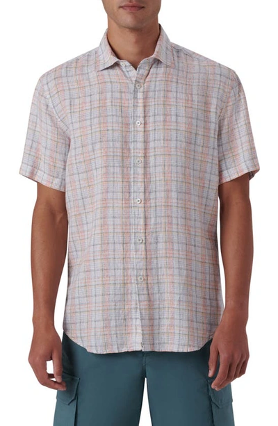 Bugatchi Shaped Fit Plaid Linen Short Sleeve Button-up Shirt In White
